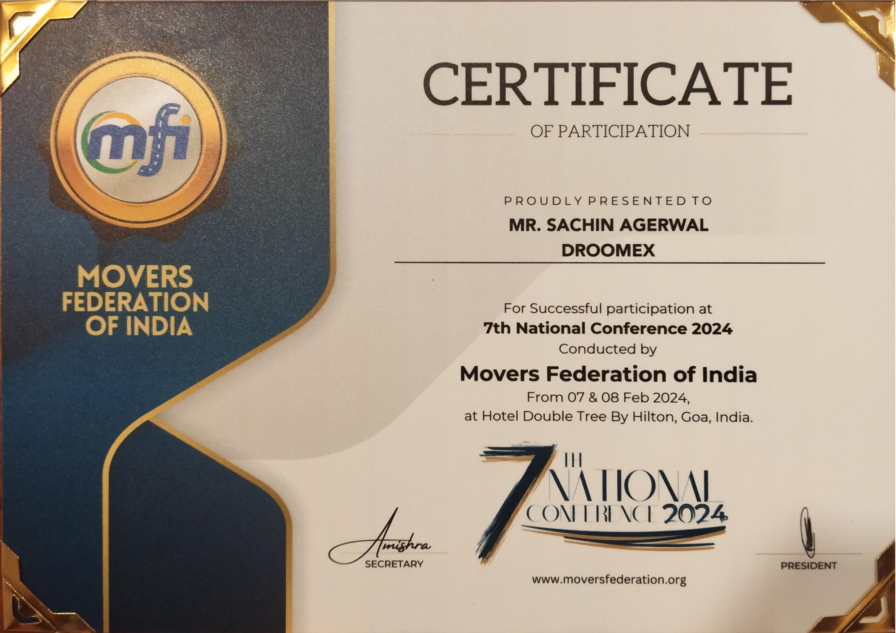 MFI (Movers Federation of India) Certificate